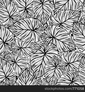Black-and-white ink-painted leaves of exotic plants. Ink hand drawn seamless pattern with exotic plant leaves