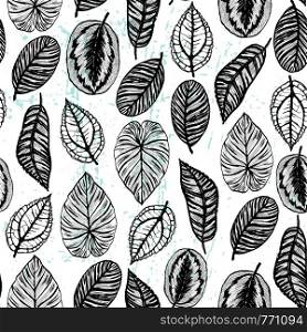 Black-and-white ink-painted leaves of exotic plants. Ink hand drawn seamless pattern with exotic plant leaves