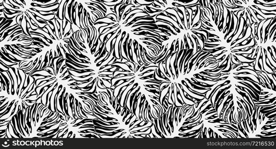 Black and white jungle leaves seamless pattern. Monochrome tropical pattern, monstera palm leaves seamless. Exotic hawaiian plants backdrop. Floral background. Design for fabric, textile, surface. Black and white jungle leaves seamless pattern. Monochrome tropical pattern, monstera palm leaves seamless.