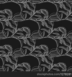 Black and white leaf seamless background. Monochrome leaves wallpaper. Hand drawn artistic background. Organic texture. Design for wrapping paper, textile print. Vector illustration. Black and white leaf seamless background. Monochrome leaves wallpaper.