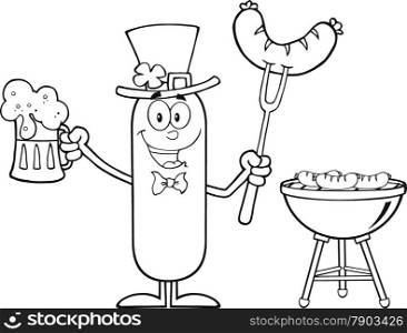 Black And White Leprechaun Sausage Cartoon Character Holding A Beer And Weenie Next To BBQ