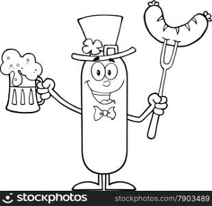 Black And White Leprechaun Sausage Cartoon Character Holding A Beer And Weenie On A Fork