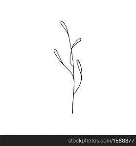 Black and white line art decoration of leaves. Vector isolated clipart. Minimal monochrome hand drawing botanical design. Contour foliage