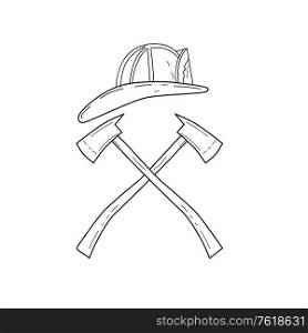 Black and White Line Drawing style illustration of a fireman helmet and two fire axe crossed set on isolated white background.. Fireman Helmet With Crossed Fire Axe Line Drawing Black and White