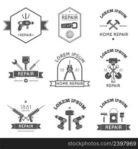 Black and white logo label tools for repair and home improvement in bw color vector illustration. Home Repair Tools Labels Flat