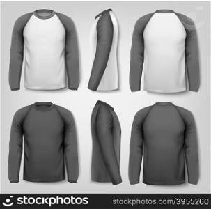 Black and white male long sleeved shirts with sample text. Design template. Vector.