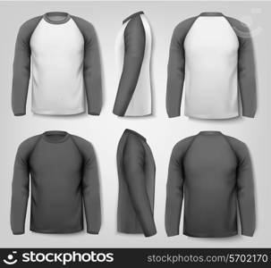 Black and white male long sleeved shirts with sample text. Design template. Vector.