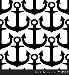 Black and white maritime seamless pattern with silhouettes of old admiralty anchors with curved sharp flukes. May be used as nautical background, retro wallpaper or interior design. Black and white anchors seamless pattern