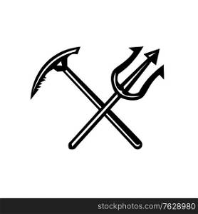 Black and white mascot icon illustration of a crossed trident and climbing ice axe symbolizing land and sea emergency rescue on isolated white background.. Crossed Climbing Mountaineering Ice Axe and Trident Mascot Black and White