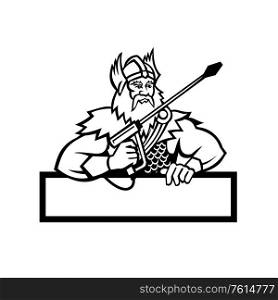 Black and White Mascot icon illustration of Norse god, Thor holding a pressure washer wand viewed from front set with banner below on isolated background in retro style.. Thor Holding Pressure Washer Wand Mascot Black and White