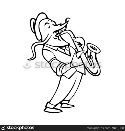 Black and white mascot illustration of a crayfish,crawfish, crawdads, freshwater lobsters, mountain lobsters, mudbugs or yabbies playing the saxophone side view isolated background in retro style.. Crawfish Saxophone Player Mascot Black and White