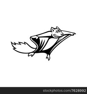 Black and white mascot illustration of a flying squirrel, black flying squirrel or Northern flying squirrel, flying or gliding viewed from a low angle on isolated background in retro style.. Northern Flying Squirrel Mascot Black and White