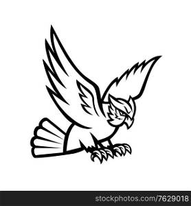 Black and white mascot illustration of a great horned owl flying and swooping viewed from side on isolated background in retro style.. Great Horned Owl Swooping Right Mascot Black and White