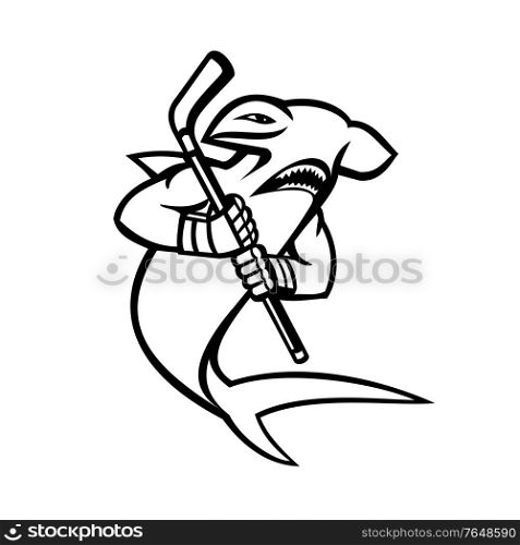 Black and White Mascot illustration of a hammerhead shark who is a ice hockey player wielding a hockey stick viewed from side on isolated background in retro style.. Hammerhead Shark With Ice Hockey Stick Mascot Black and White