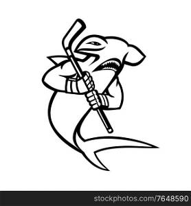 Black and White Mascot illustration of a hammerhead shark who is a ice hockey player wielding a hockey stick viewed from side on isolated background in retro style.. Hammerhead Shark With Ice Hockey Stick Mascot Black and White