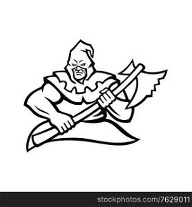 Black and white mascot illustration of a hooded medieval or absolutist executioner or headsman carrying an axe viewed from front on isolated background in retro style.. Hooded Medieval Executioner Carrying Axe Mascot Black and White