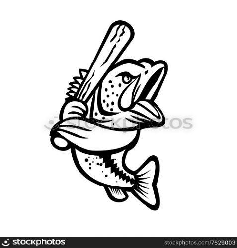 Black and white mascot illustration of a largemouth bass, bucketmouth or bigmouth bass with baseball bat batting viewed from side on isolated background in retro style.. Largemouth Bass With Baseball Bat Batting Mascot Black and White