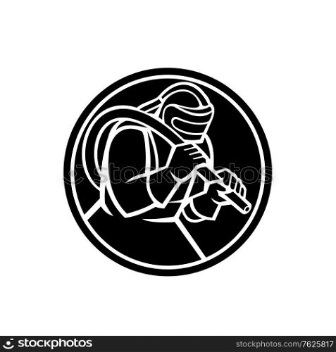 Black and white mascot illustration of a sandblaster glass bead blasting or abrasive blasting viewed from side set inside circle on isolated background in retro style.. Sandblaster Glass Bead Blasting Abrasive Sand Blasting Circle Mascot Black and White
