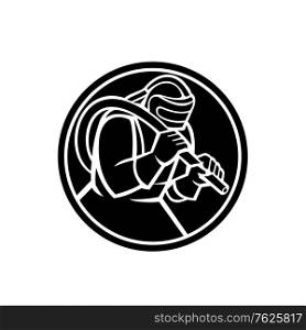 Black and white mascot illustration of a sandblaster glass bead blasting or abrasive blasting viewed from side set inside circle on isolated background in retro style.. Sandblaster Glass Bead Blasting Abrasive Sand Blasting Circle Mascot Black and White