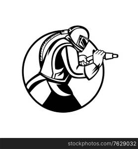 Black and white mascot illustration of a sandblaster or sand blaster abrasive blasting viewed from side set inside circle on isolated background in retro style.. Sandblaster Abrasive Blasting Side View Circle Mascot Black and White