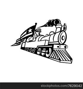 Black and white mascot illustration of a vintage steam locomotive or train with a train driver, engineer or mechanic holding an American stars and stripes flag done in retro style.. American Train Engineer Driving Steam Locomotive Mascot Black and White