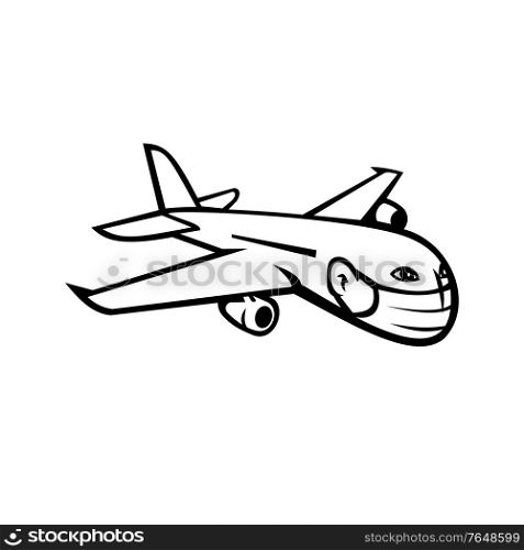 Black and White Mascot illustration of a wide-body commercial jet airliner and cargo aircraft flying in full flight wearing face mask on isolated background in retro style.. Jumbo Jet Plane Airliner Flying Wearing Face Mask Mascot Black and White