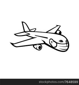 Black and White Mascot illustration of a wide-body commercial jet airliner and cargo aircraft flying in full flight wearing face mask on isolated background in retro style.. Jumbo Jet Plane Airliner Flying Wearing Face Mask Mascot Black and White