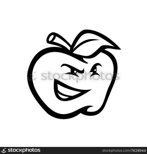 Black and white mascot illustration of an angry red apple, a sweet, edible fruit produced by apple trees, looking to side viewed from front on isolated background in retro style.. Angry Red Apple Looking to Side Mascot Black and White