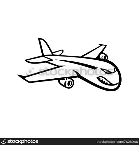 Black and white mascot illustration of an angry wide-body commercial jet airliner and cargo aircraft flying in full flight viewed from side on isolated background in retro style.. Angry Jumbo Jet Plane Flying Mascot Black and White