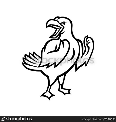 Black and white Mascot illustration of an angry yellow-legged gull or seagull, a medium to large seabird, preparing for a fight viewed from side on isolated background in retro style.. Angry Yellow-Legged Gull or Seagull Preparing for Fist Fight Mascot Black and White