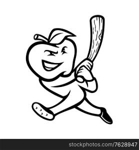 Black and white mascot illustration of an apple, a sweet, edible fruit produced by apple trees, as baseball player batting with baseball bat viewed from side on isolated background in retro style.. Apple With Baseball Bat Batting Mascot Black and White