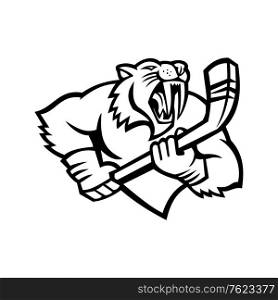 Black and white mascot illustration of bust of a saber-toothed cat or Smilodon, with ice hockey stick viewed from front on isolated background in retro style.. Saber Toothed Cat Holding Ice Hockey Stick Mascot Black and White