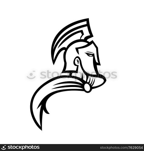Black and white mascot illustration of bust of a Trojan or Spartan warrior wearing a helmet and flowing cape viewed from side on isolated background in retro style.. Bust of Trojan Warrior Side View Mascot Black and White