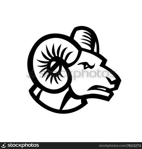 Black and white mascot illustration of head of a bighorn sheep ram, mountain goat viewed from side on isolated background in retro style.. Head of Bighorn Sheep Ram Side View Mascot Retro Black and White