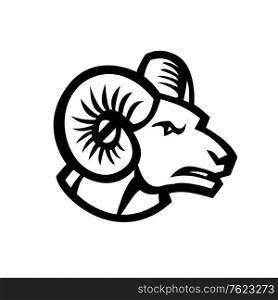 Black and white mascot illustration of head of a bighorn sheep ram, mountain goat viewed from side on isolated background in retro style.. Head of Bighorn Sheep Ram Side View Mascot Retro Black and White