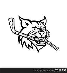 Black and white mascot illustration of head of a bobcat, a North American cat, biting a broken wooden ice hockey stick viewed from side on isolated background in retro style.. Bobcat Biting Ice Hockey Stick Mascot Black and White