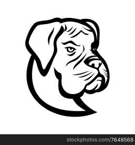 Black and White mascot illustration of head of a Boxer dog, German Boxer or Deutscher Boxer, a medium-sized, short-haired breed of dog viewed from front on isolated background in retro style.. Head of Boxer Dog German Boxer or Deutscher Boxer Mascot Black and White