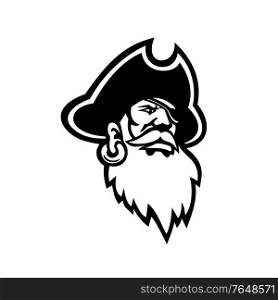 Black and white Mascot illustration of head of a buccaneer, swashbuckler, pirate, privateer or corsair with red beard viewed from front on isolated background in retro style.. Head of a Buccaneer Swashbuckler Pirate Privateer or Corsair Mascot Black and White
