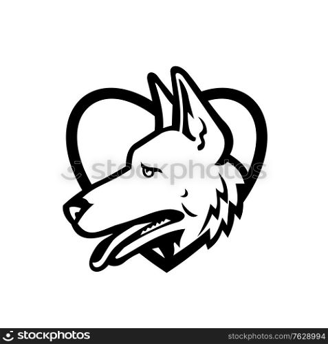 Black and white mascot illustration of head of a German Shepherd or Alsatian wolf dog set inside heart shape viewed from side on isolated background in retro style.. German Shepherd Dog Head Side View Inside Heart Black and White