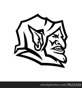 Black and white mascot illustration of head of a goblin, a monstrous creature from European folklore, that is small, grotesque, mischievous , malicious and greedy on isolated background in retro style.. Goblin Head Side View Mascot Black and White