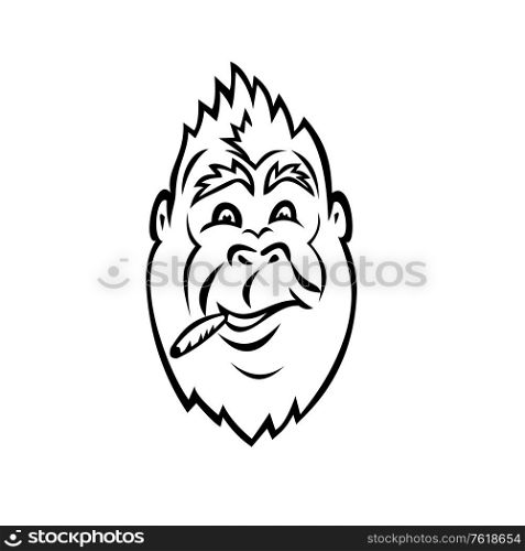 Black and white mascot illustration of head of a gorilla smoking a cigarette or cannabis, marijuana joint viewed from front on isolated white background in cartoon style.. Gorilla Head Smoking Cigarette Cannabis Joint Cartoon Mascot Black and White