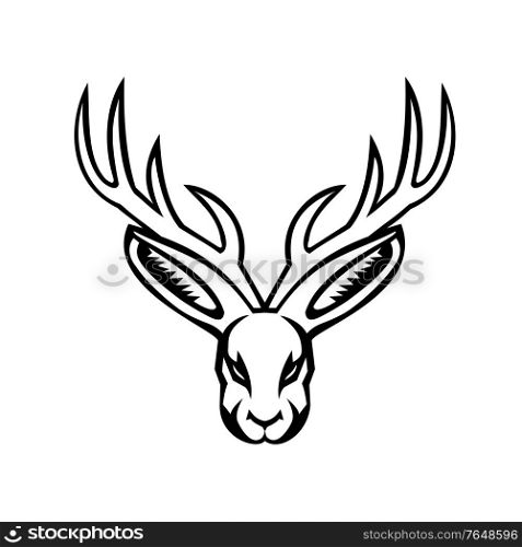 Black and White mascot illustration of head of a jackalope, a mythical animal of North American folklore, that is a jackrabbit with antelope horns viewed from front on isolated background in retro style.. Head of a Jackalope Front View Mascot Black and White
