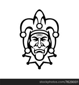 Black and white mascot illustration of head of a jester, court jester, or fool, historically an entertainer during the medieval and Renaissance eras viewed from front on isolated background in retro style.. Medieval Court Jester Head Front View Mascot Black and White