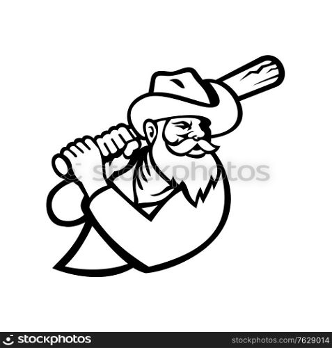 Black and white mascot illustration of head of a miner or cowboy baseball player with bat batting viewed from side on isolated background in retro style.. Miner With Baseball Bat Batting Side View Mascot Black and White