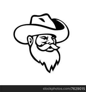 Black and white mascot illustration of head of a miner wearing beard and cowboy hat viewed from side on isolated background done in retro style.. Head of Miner Wearing Beard and Cowboy Hat Mascot