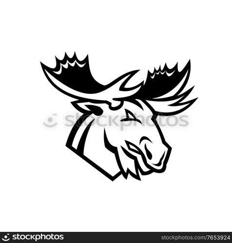 Black and white mascot illustration of head of a red angry moose or elk looking to side on isolated background in retro style.. Angry Moose or Elk Looking to Side Mascot Black and White