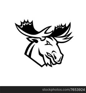 Black and white mascot illustration of head of a red angry moose or elk looking to side on isolated background in retro style.. Angry Moose or Elk Looking to Side Mascot Black and White