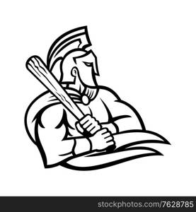 Black and white mascot illustration of head of a Trojan or Spartan warrior wearing a helmet and holding a baseball bat viewed from side on isolated background in retro style.. Spartan or Trojan Warrior With Baseball Bat Batting Mascot Black and White