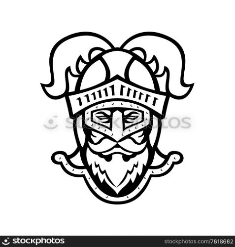 Black and white mascot illustration of head of a viewed from knight wearing a helmet with ostrich plumage viewed from front on isolated background in retro style.. Knight Head Wearing a Helmet with Ostrich Plumage Front Mascot Black and White