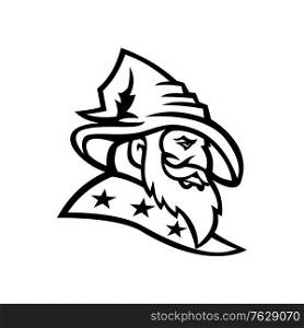 Black and white Mascot illustration of head of a wizard, warlock, magician or sorcerer with three stars on his cloak or robe viewed from side on isolated background in retro style.. Wizard Warlock or Sorcerer with Three Stars Mascot Black and White